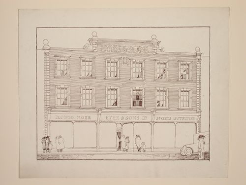 Elevation showing a storefront for Eyre and Sons, Ltd., England
