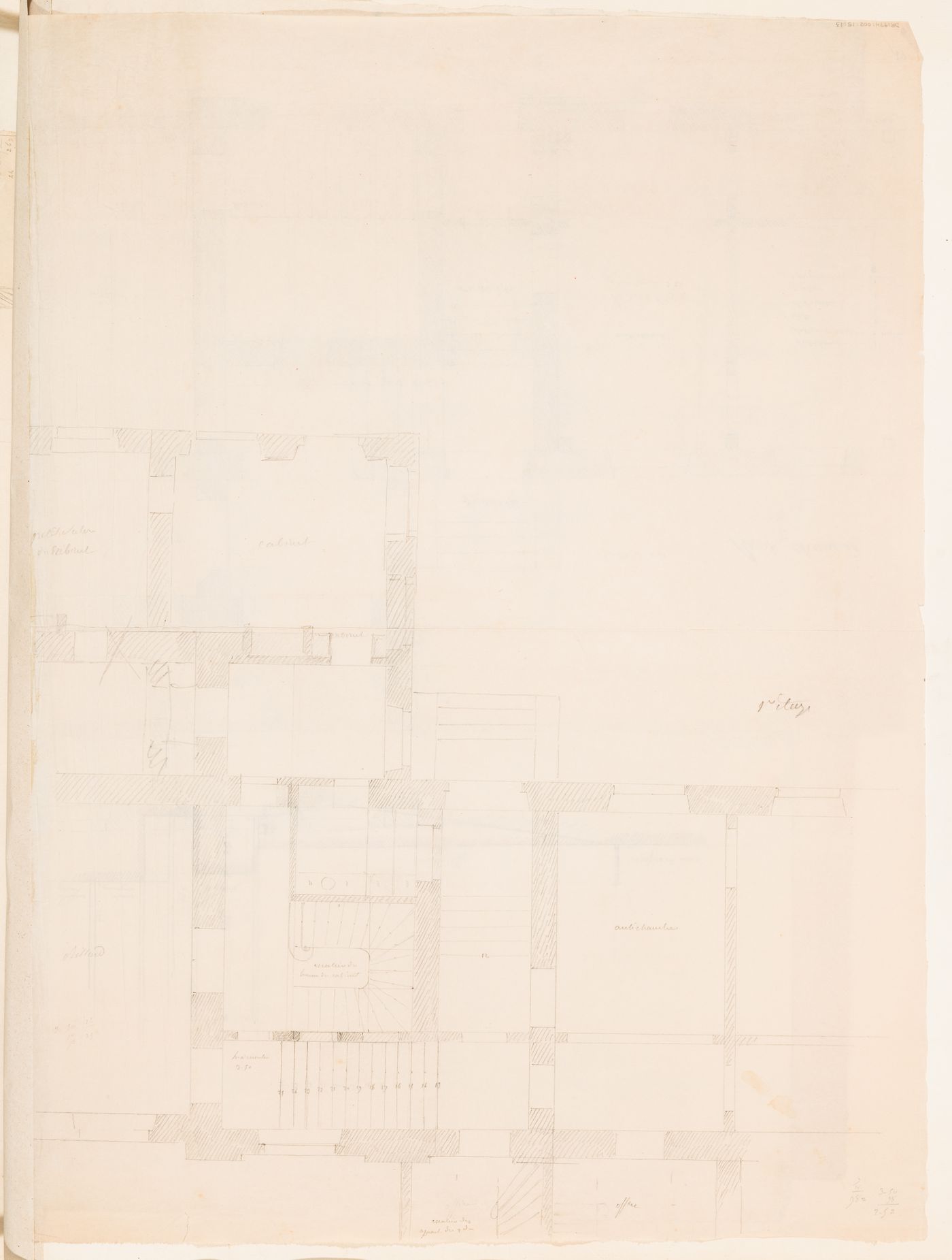 Project for alterations to the Préfecture de police, rue de Jérusalem, Paris: Partial first floor plan