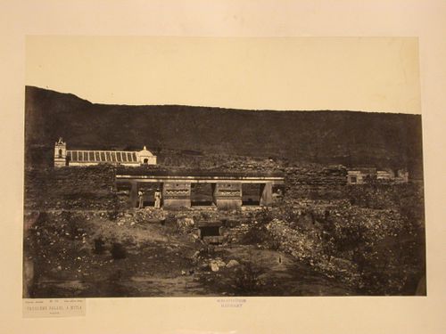 View of the principal façade of the Third Palace (also known as the North Building in Quadrangle F) with the Palace of the Columns in the distant right and San Pablo Church in the distant left, Mitla, Mexico