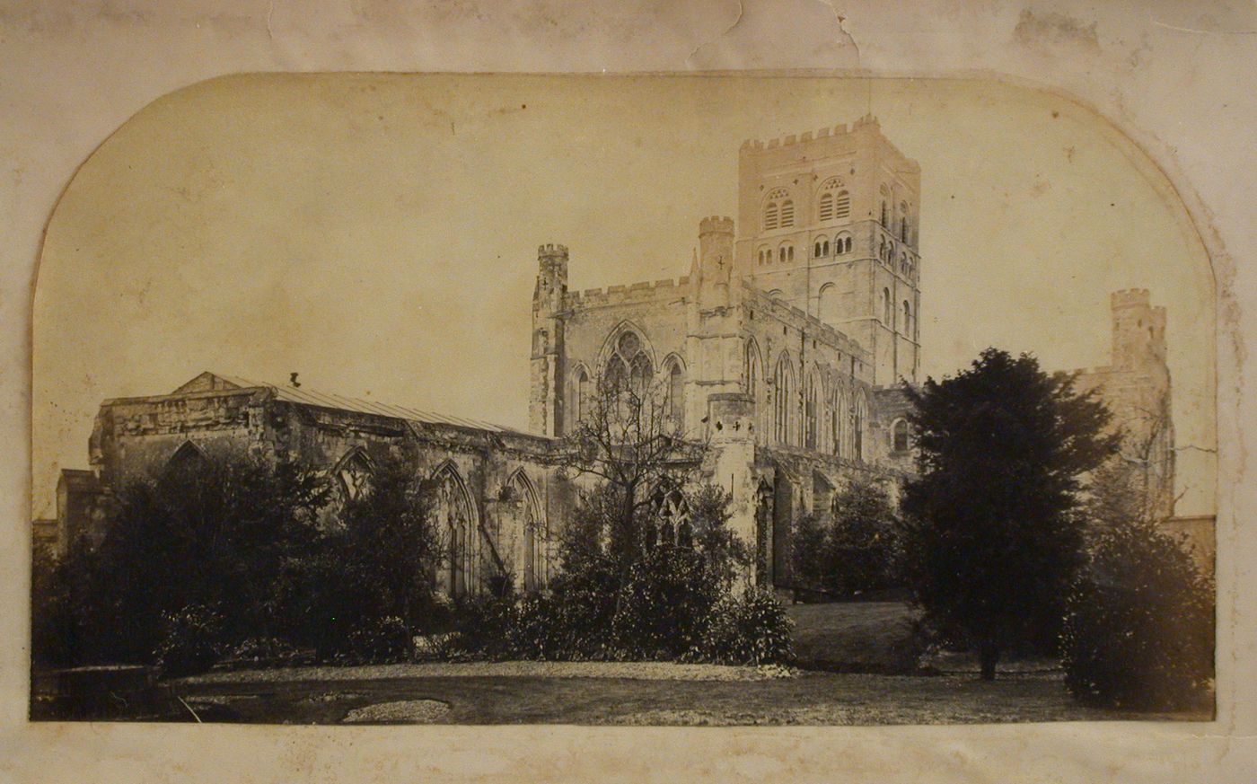 Rear view of St. Albans Cathedral from the north-east, showing the apse, a transept, the Lady Chapel and the church tower, St. Albans, Hertfordshire, England