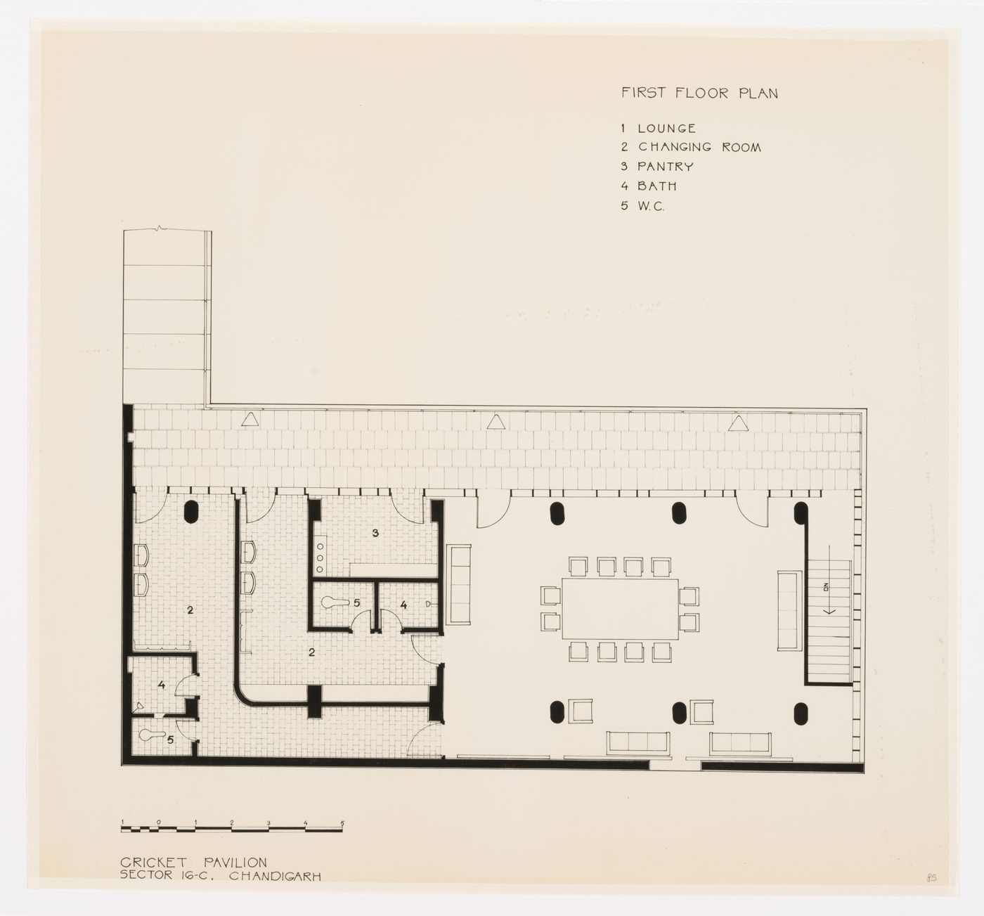 Floor plan for the Cricket Pavilion in sector 16-C in Chandigarh, India