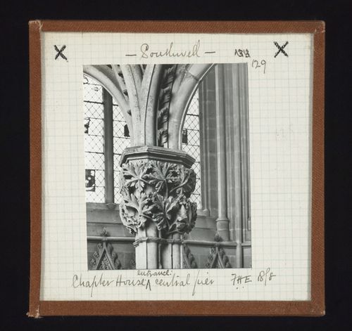 Detail view of central pier of entrance of Chapter House, Southwell Minster, Southwell, Nottinghamshire, England