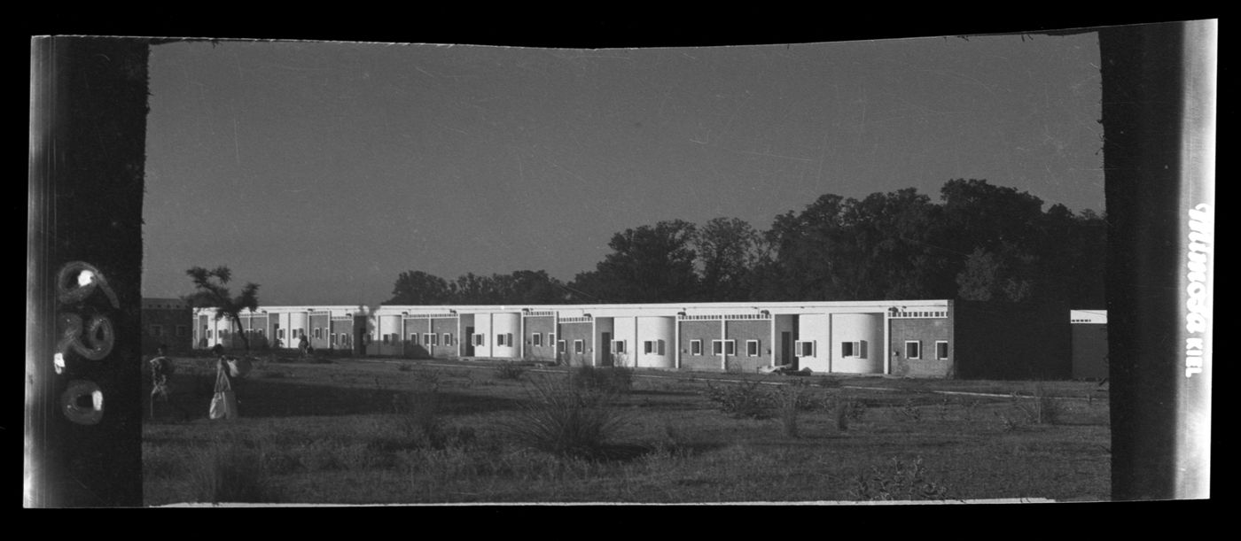 View of unidentified buildings, possibly in Chandigarh, India