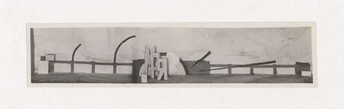 Photograph of a student drawing and a model for the exercise "Design of Surface. Holiday Decoration of the Viaduct on Kalanchevskaia Square in Honor of the 1 May" for the "Space" course at the Vkhutein (Moscow Higher Technical Institute), Moscow