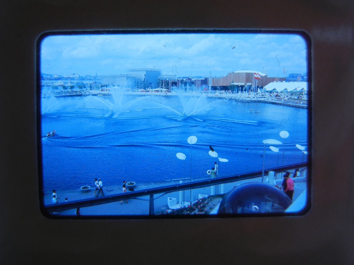 Partial view of the Swan Lake with the Netherlands, Belgian, Swiss and Austrian Pavilions in background, Expo 67, Montréal, Québec