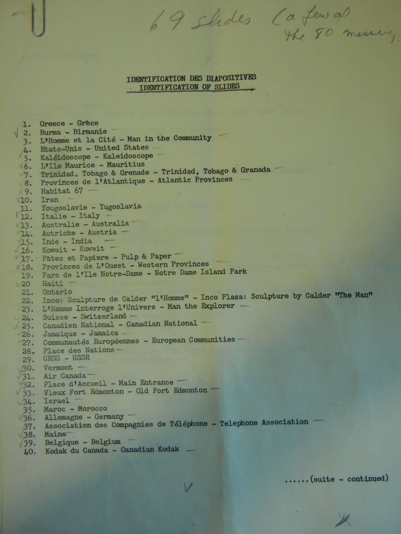 List of slides identified by the name of the pavilion, Expo 67, Montréal, Québec