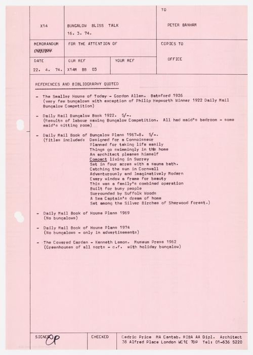 Memorandum to Peter Banham listing the bibliography and references for the "Bungalow Bliss Talk" presented March 16, 1974