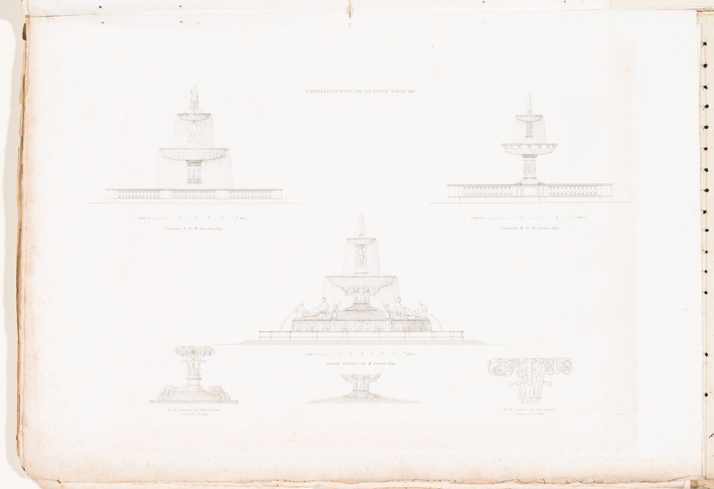 Elevations and details for fountains for place Louis XV and details of the Lanterne de Démosthénes, Athens