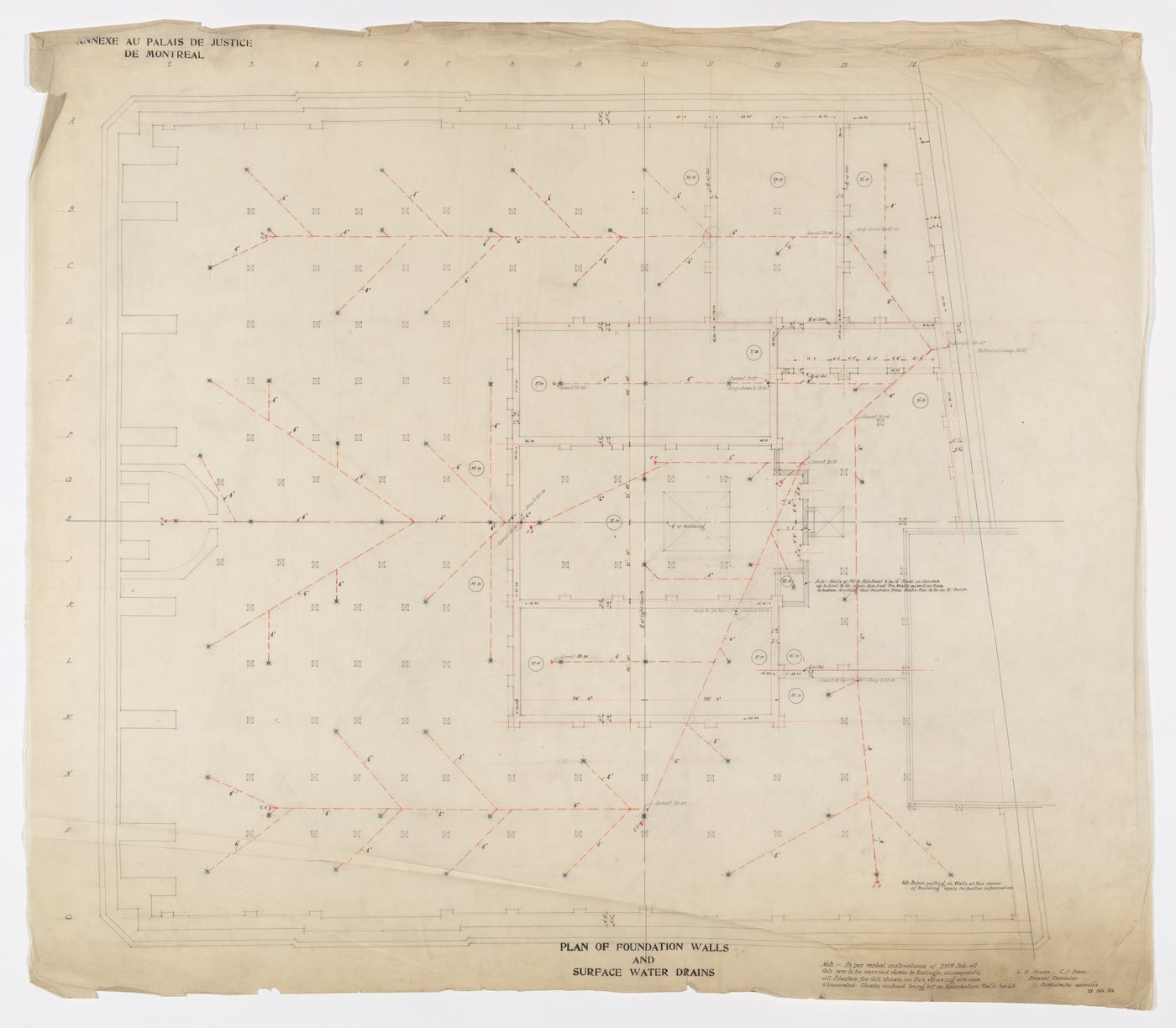 Plan des murs de la fondation et des drains, Annexe au Palais de Justice de Montréal, Montréal, Canada