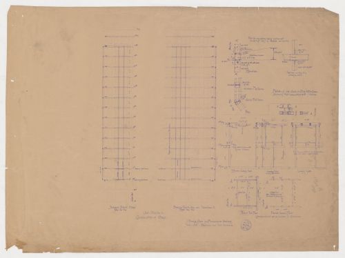 Monadnock Building, Chicago: Elevations showing the cast struts for bay windows with structural details, and plans and elevations for the steel framework for the Jackson Street entrance