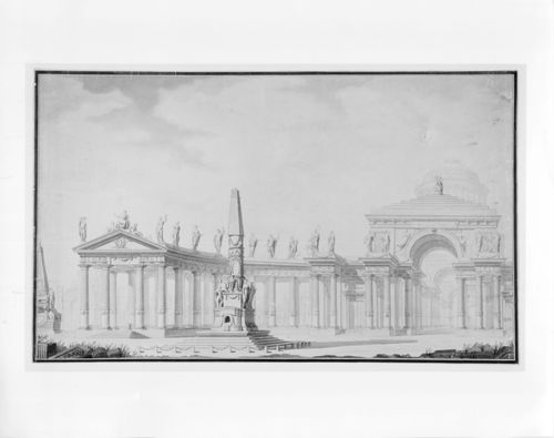 Arc monumental précédé d'une colonnade semi-circulaire et d'un obélisque