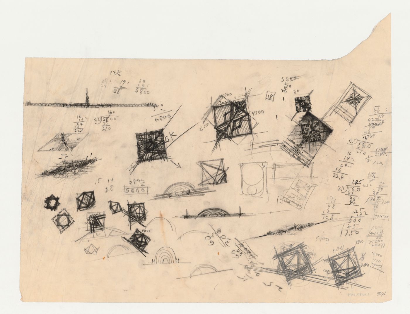 Los Angeles Municipal Airport: Thumbnail site plans, conceptual elevations and perspectives with some elevations, possibly for the Hollywood Bowl shell