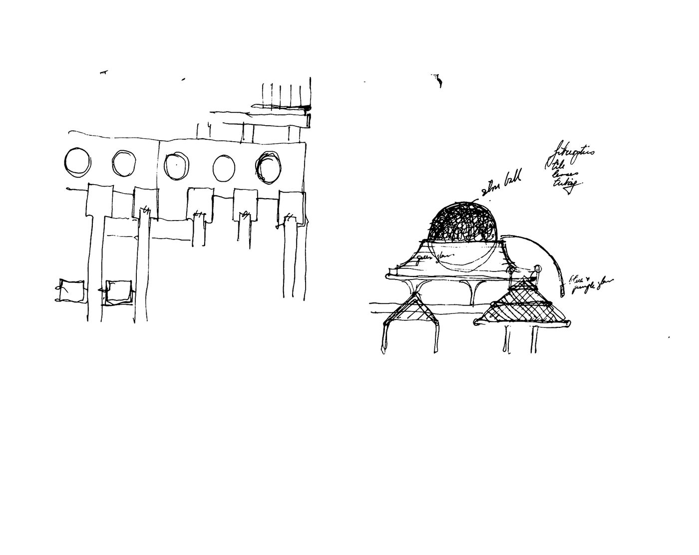 California Plaza, Los Angeles, California: Annotated detailed elevation study of roofing for pavilions in Tivoli gardens, with plan