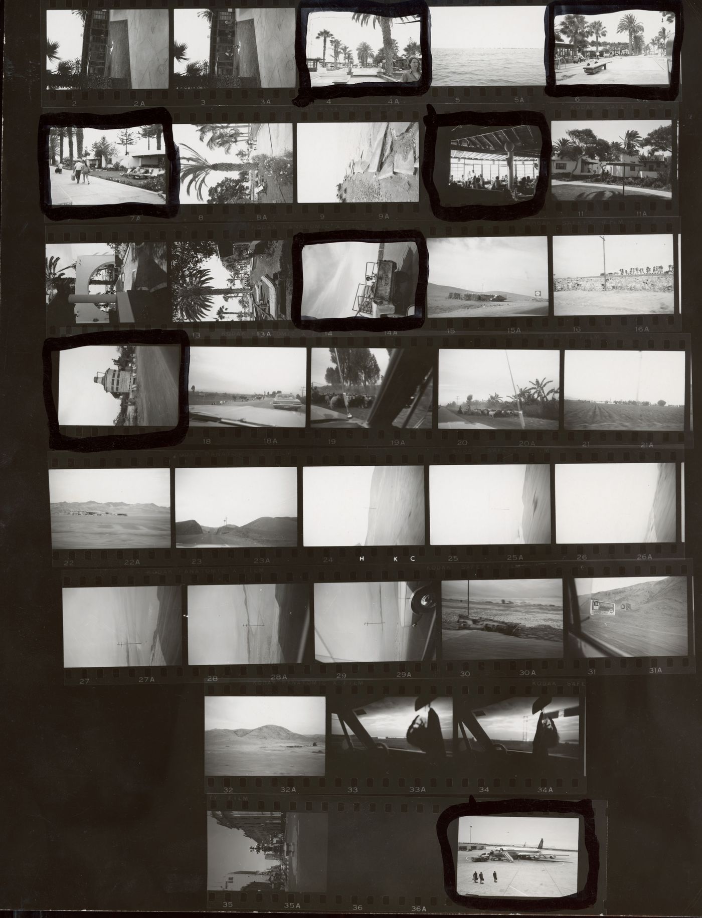 Contact sheet of landscape views, buildings and airplane, South America