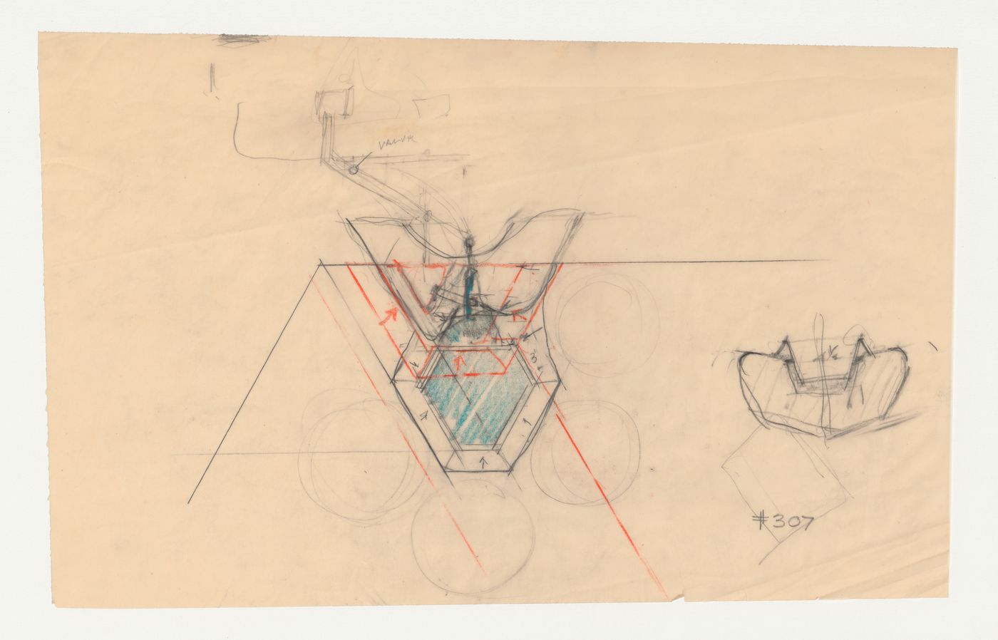 Wayfarers' Chapel, Palos Verdes, California: Sketch plan and sketch section for the baptismal font