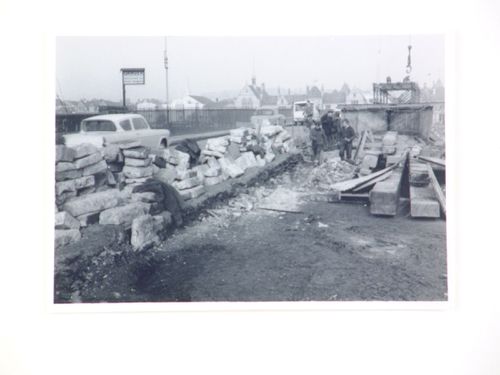 View of construction on Barnstaple Long Bridge, from road, Devon, United Kingdom
