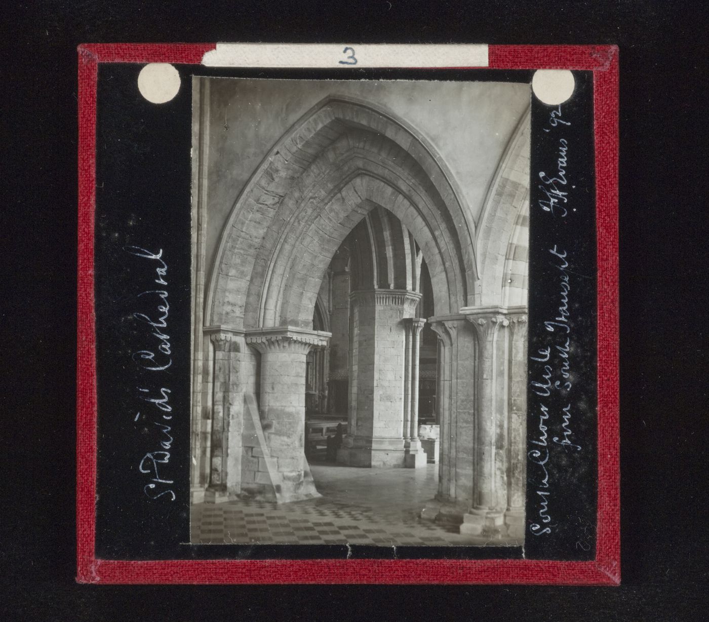 View of south choir aisle from south transept of St. Davids Cathedral, St. David's, Wales