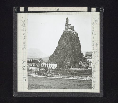 Distant view of church of St Michel d'Aiguilhe, Le Puy, Haute-Loire, France