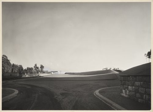 Exterior view of the Chapel of Faith, the Chapel of Hope, the loggia of Monument Hall and the Way of the Cross walkway, Woodland Crematorium and Cemetery, Stockholm
