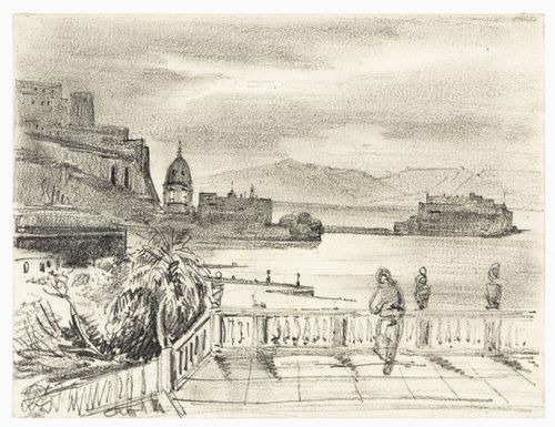 View of a harbour with a large domed building; verso: Sketch of a harbour with a large domed building