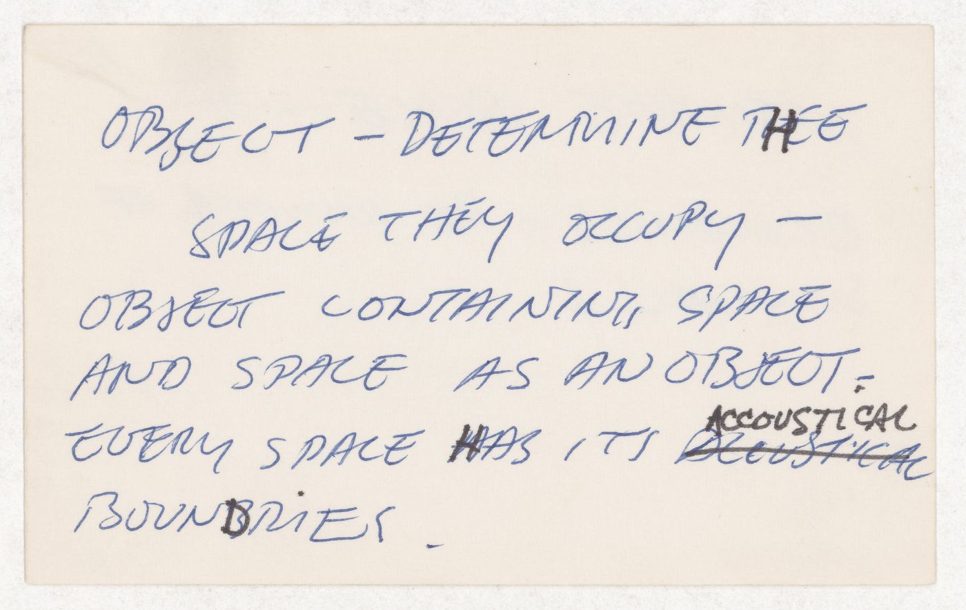 Object - Determine the space they occupy - object containing space and space as an object / Every space has its accoustical boundries; [verso]: Intimate space /place / Economics = the wonder of survival