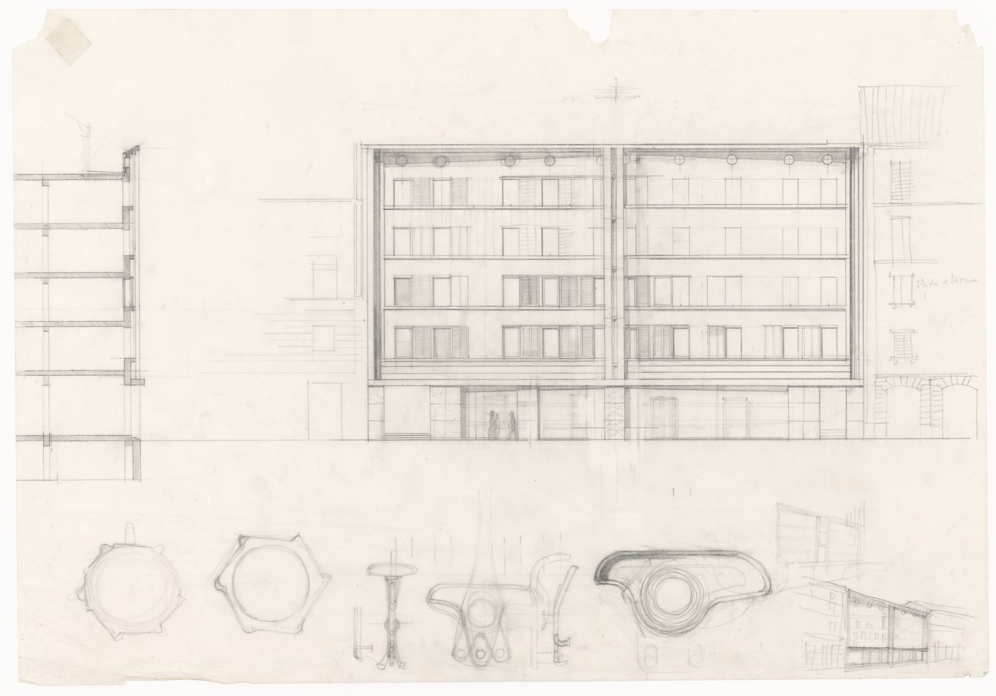 Elevation, section, and sketches for Edificio per abitazioni in via Conchetta, Milan, Italy