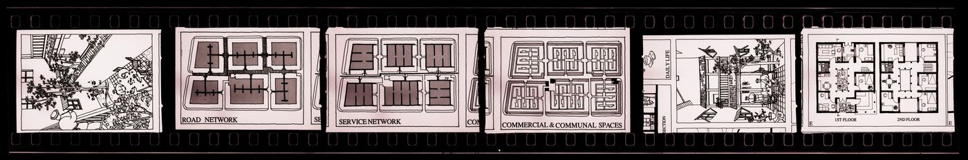 Negative strip of illustrations for the publication "Housing a Billion: Urban Upgrading: Design Ideals for Rural China" publication
