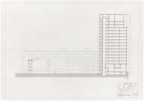 Elevation and section for Ceramique Terrein Blocos de habitação e escritórios, Maastrich, the Netherlands