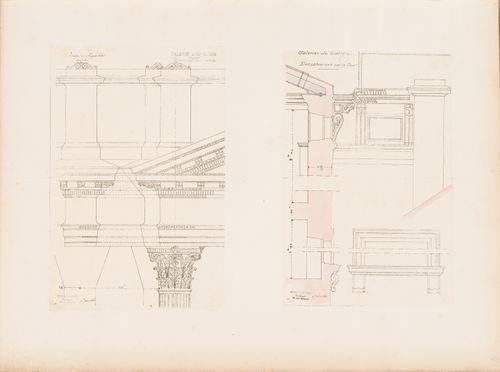 Project for a Galerie de zoologie, 1846: Elevation for the entablature of the garden façade and partial sectional elevation for the courtyard façade showing the entablature