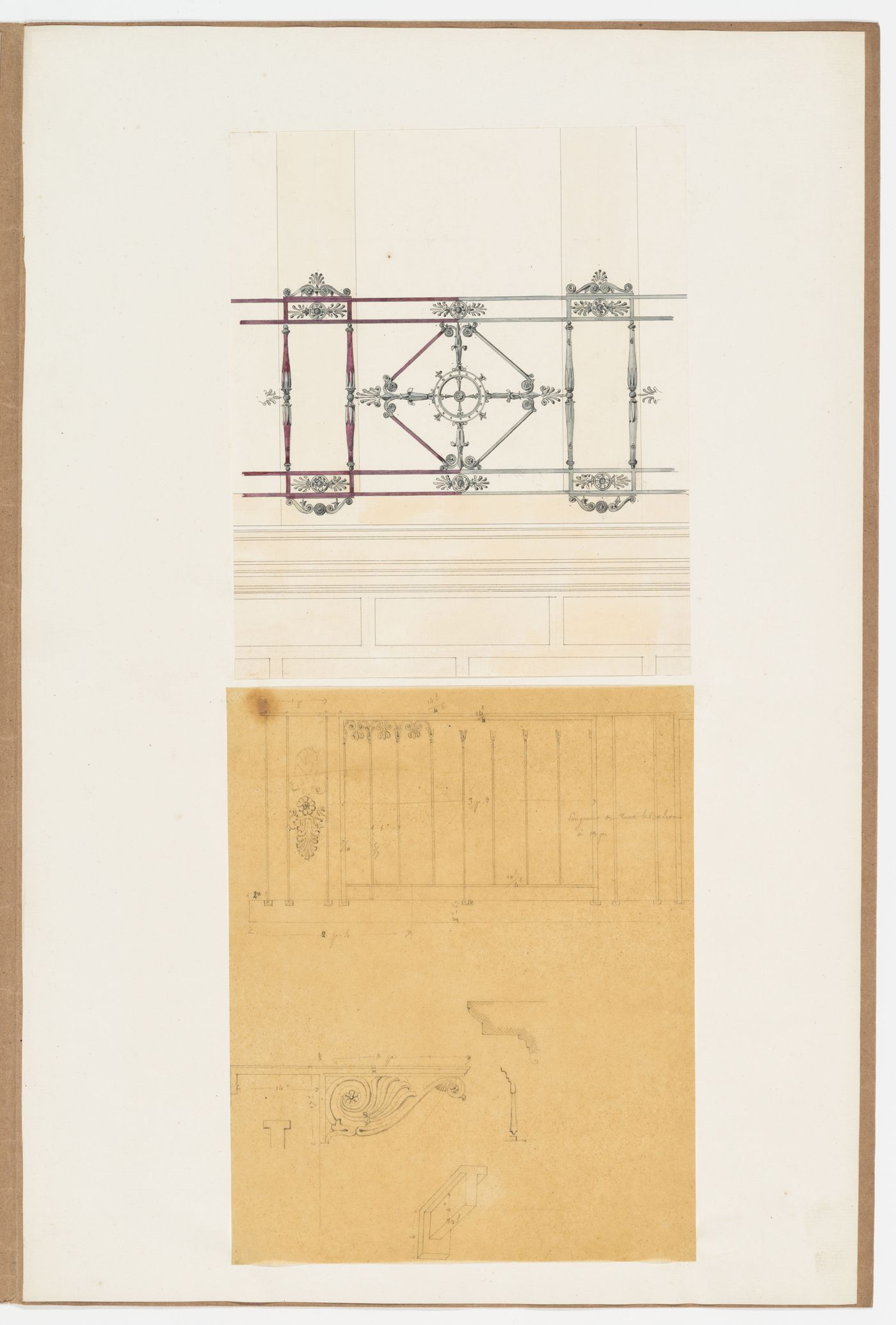 Elevation for a decorative scheme, probably for a wall; Elevation for a decorated grille and details for a console