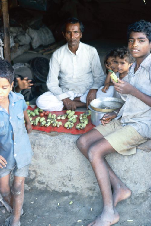 View of man and children in house cooking area used for Human Settlement Training Package "Package 1: Planning guidelines"
