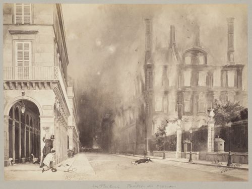 View of a painting by Léon y Escosura, showing the Palais des Tuileries on fire, Paris, France