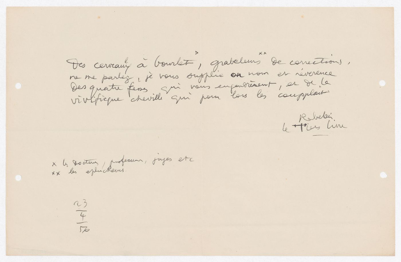 Quotation transcribed by Le Corbusier from "Le tiers livre" by writer François Rabelais