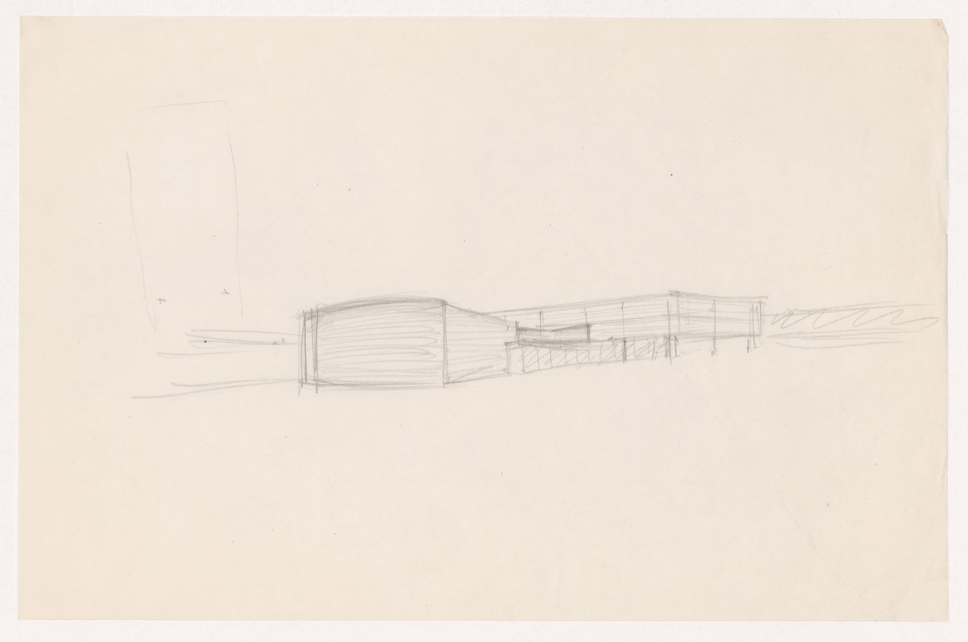 Perspective sketch for an auditorium and connected structures, and a small sketch plan for Illinois Institute of Technology