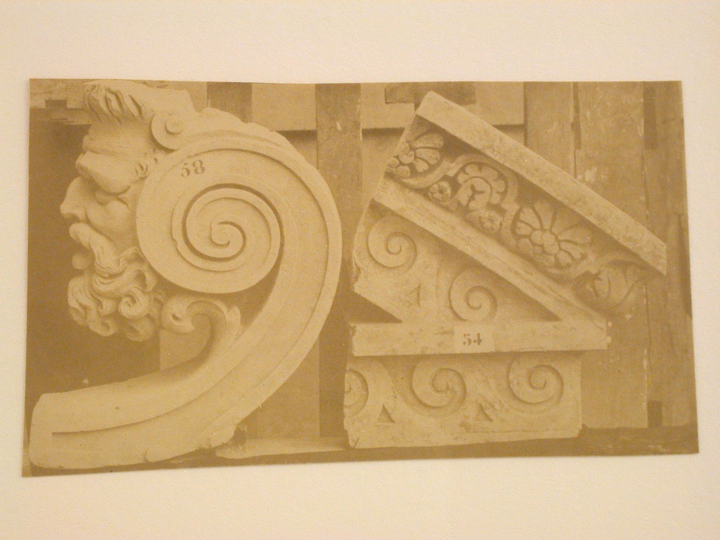 Close-up view of casts of sculptural details made for the Tuileries Palace and the Louvre, Paris, France