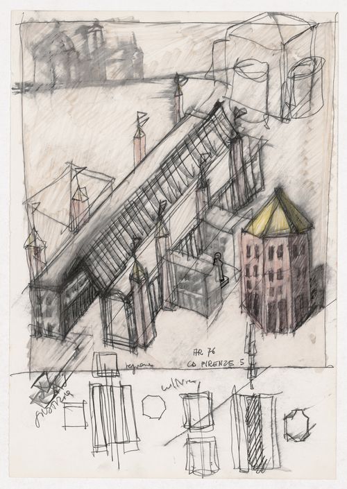 Sketch axonometric, sketch elevation and sketch plans for Centro Direzionale, Florence