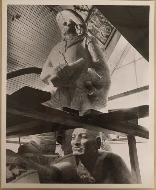 View of  the statue of Samuel de Champlain sculpted by Ferdinand L. Weber at the Vermont Pavilion, Expo 67, Montreal, Quebec