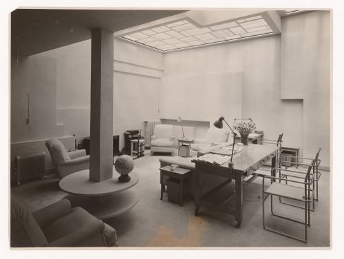 Interior view of pink living room at Villa Noailles, partially showing stained glass window by Louis Barillet, Hyères, France
