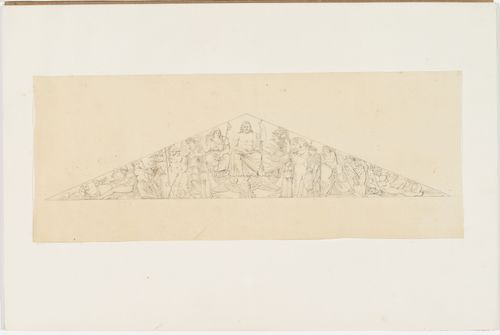 Drawing of a nineteenth century pediment, including sculptures of Jupiter, Juno, Neptune, Vulcan, Mercury, Herakles, and an imperial eagle