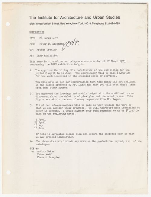 Memorandum from Peter D. Eisenman to Arthur Drexler about Low-Rise High-Density (LRHD) exihibition