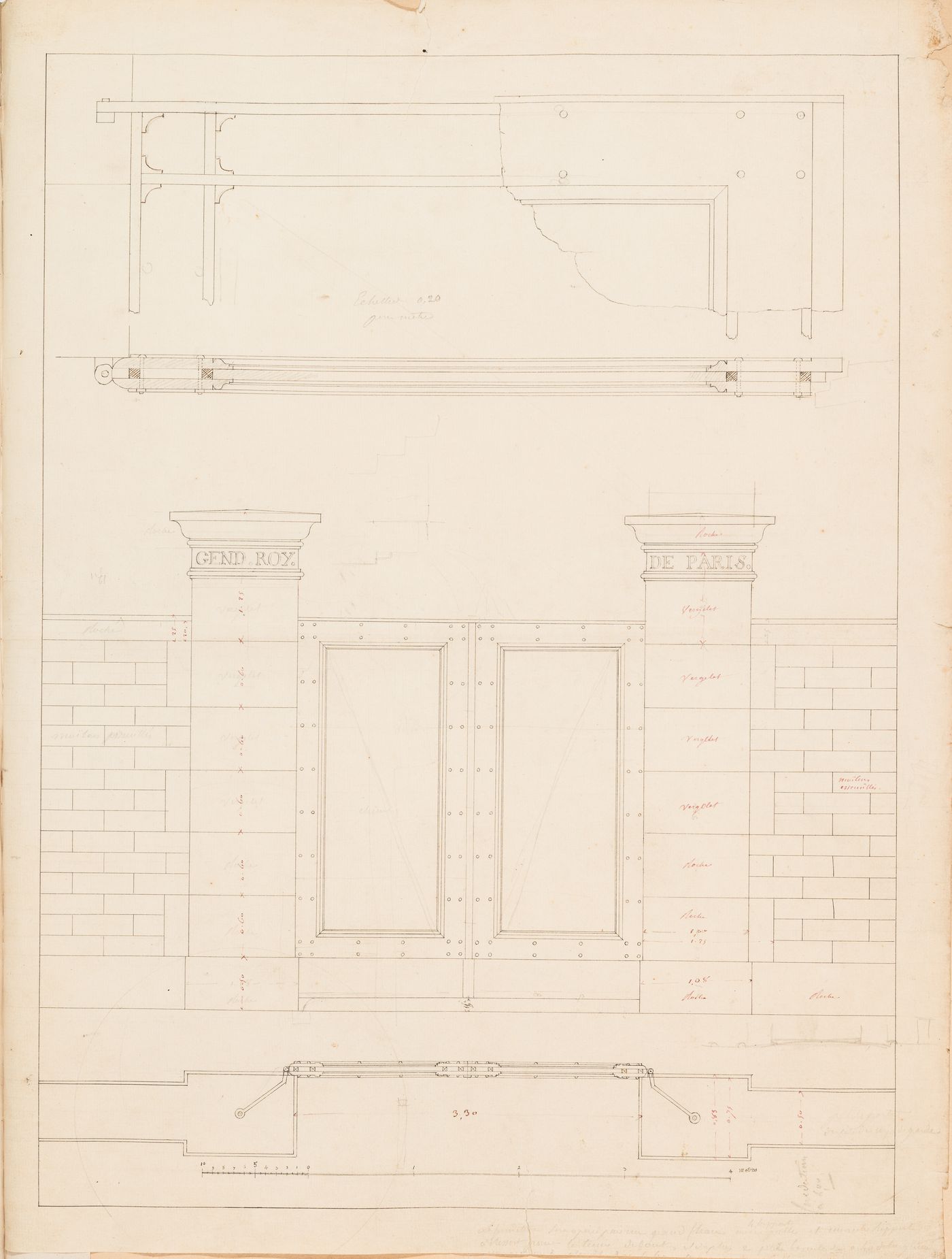Project for alterations to the Caserne des Minimes, rue des Minimes: Plan, elevation, sectional elevation, and section for an entrance gateway