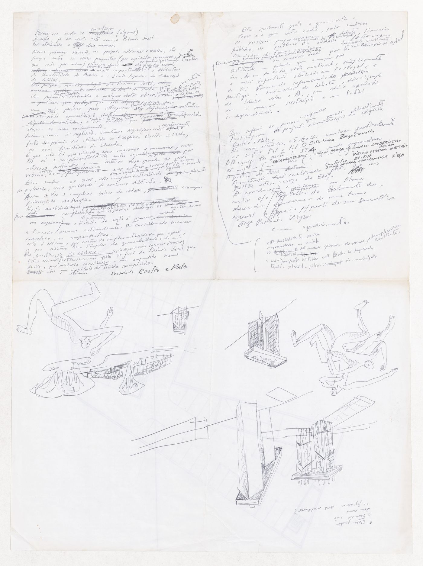 Notes and sketch axonometric views for Complexo de Habitação, Comércio e Serviços Horta da Torrinha Rotunda do Raimundo, Evora, Portugal; verso: Plan for Complexo de Habitação, Comércio e Serviços Horta da Torrinha Rotunda do Raimundo, Evora, Portugal