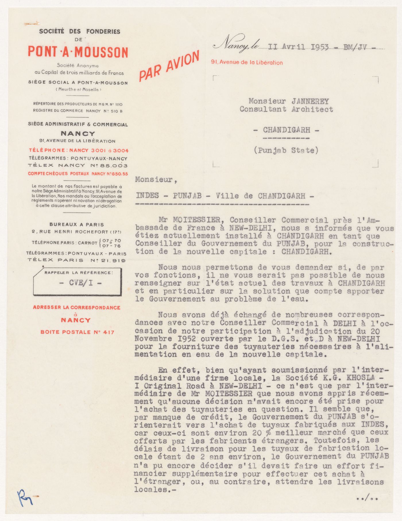 Letter from the Société des fonderies de Pont-à-Mousson to Pierre Jeanneret