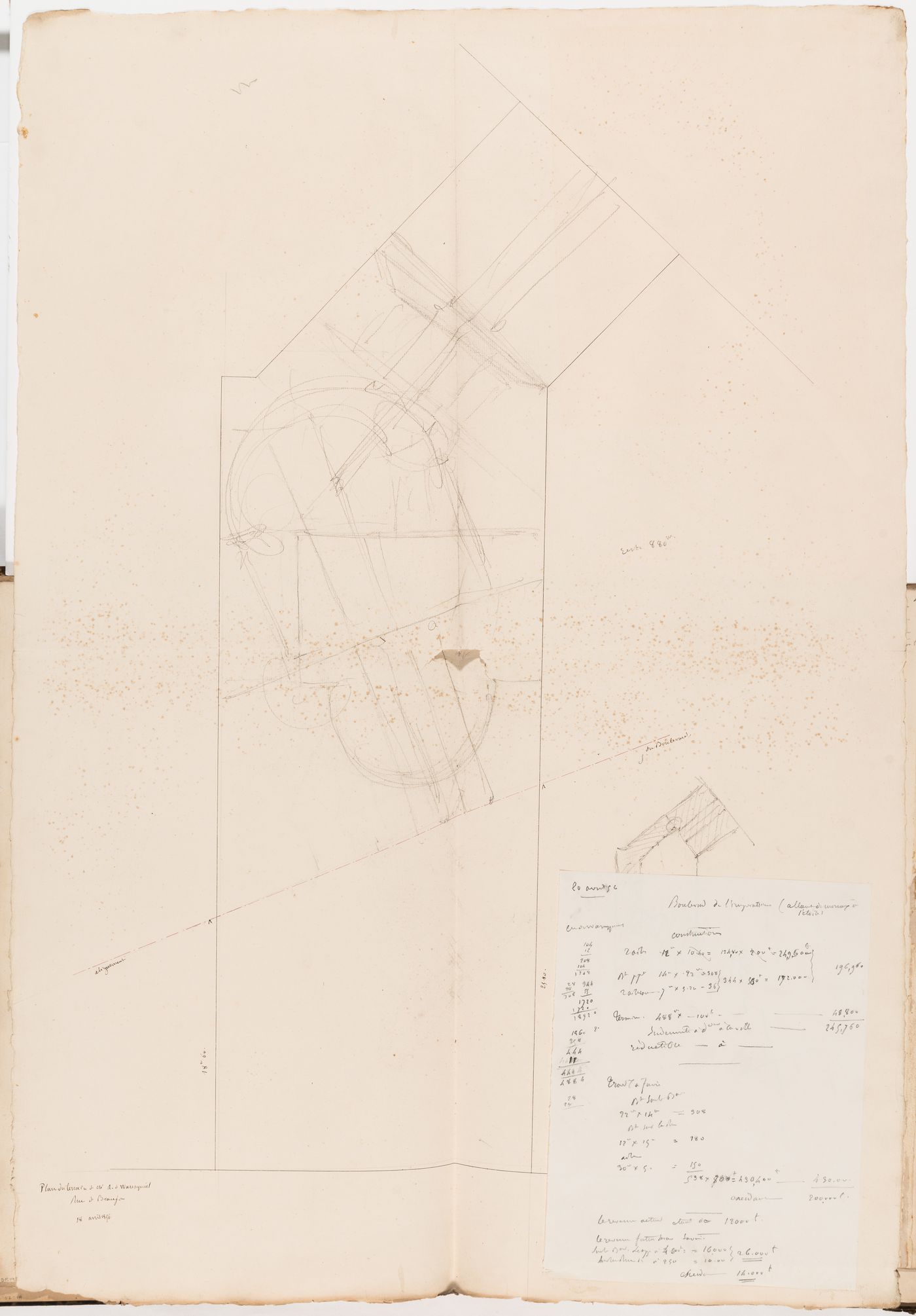 Site plan of Monsieur A. Waresquiel's property, rue de Beaujon, Paris, with sketches for the siting of the house