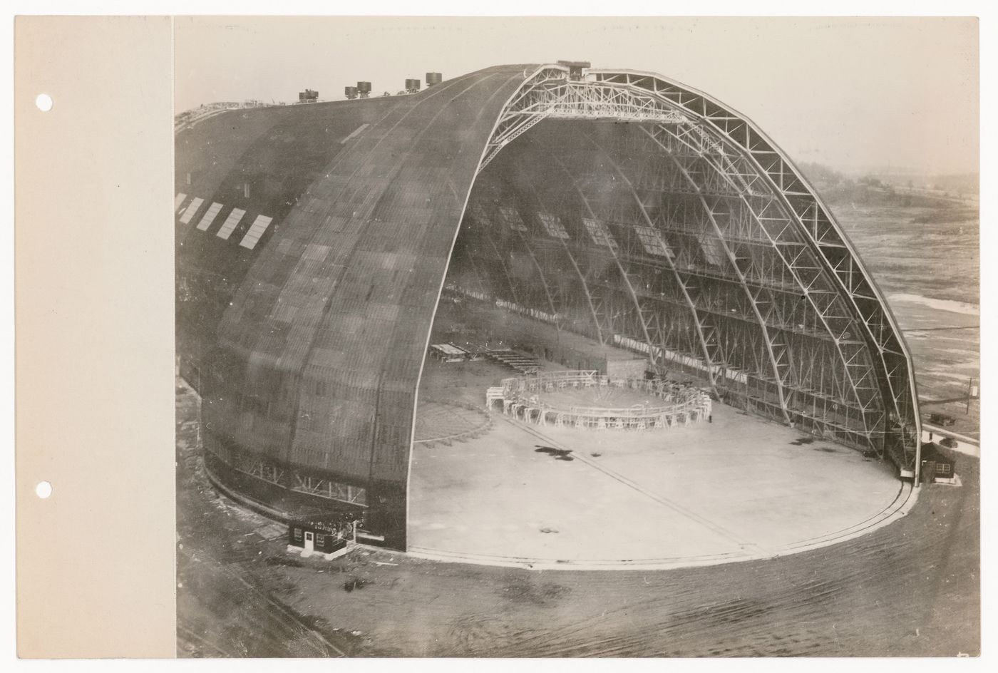 Exterior view of the Goodyear-Zeppelin airship factory and dock, from air, in Akron, Ohio, United States