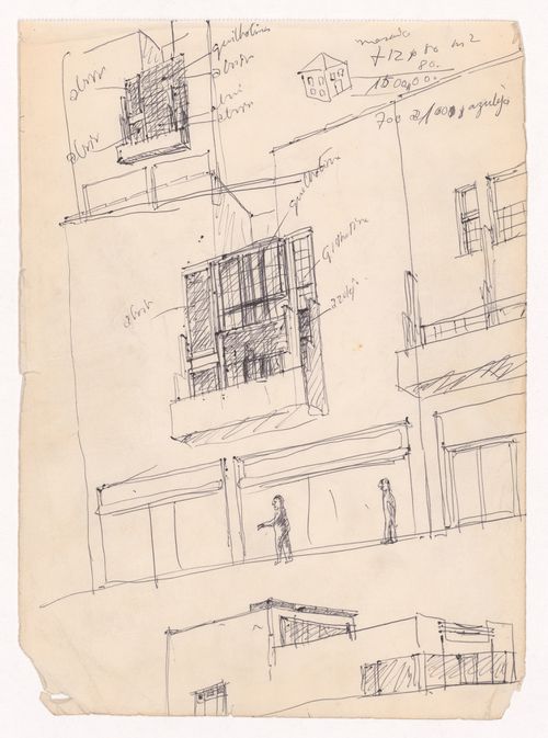 Sketch perspectives with annotations for Conjunto Habitacional em Caxinas, Vila Cova - Vila do Conde, Portugal