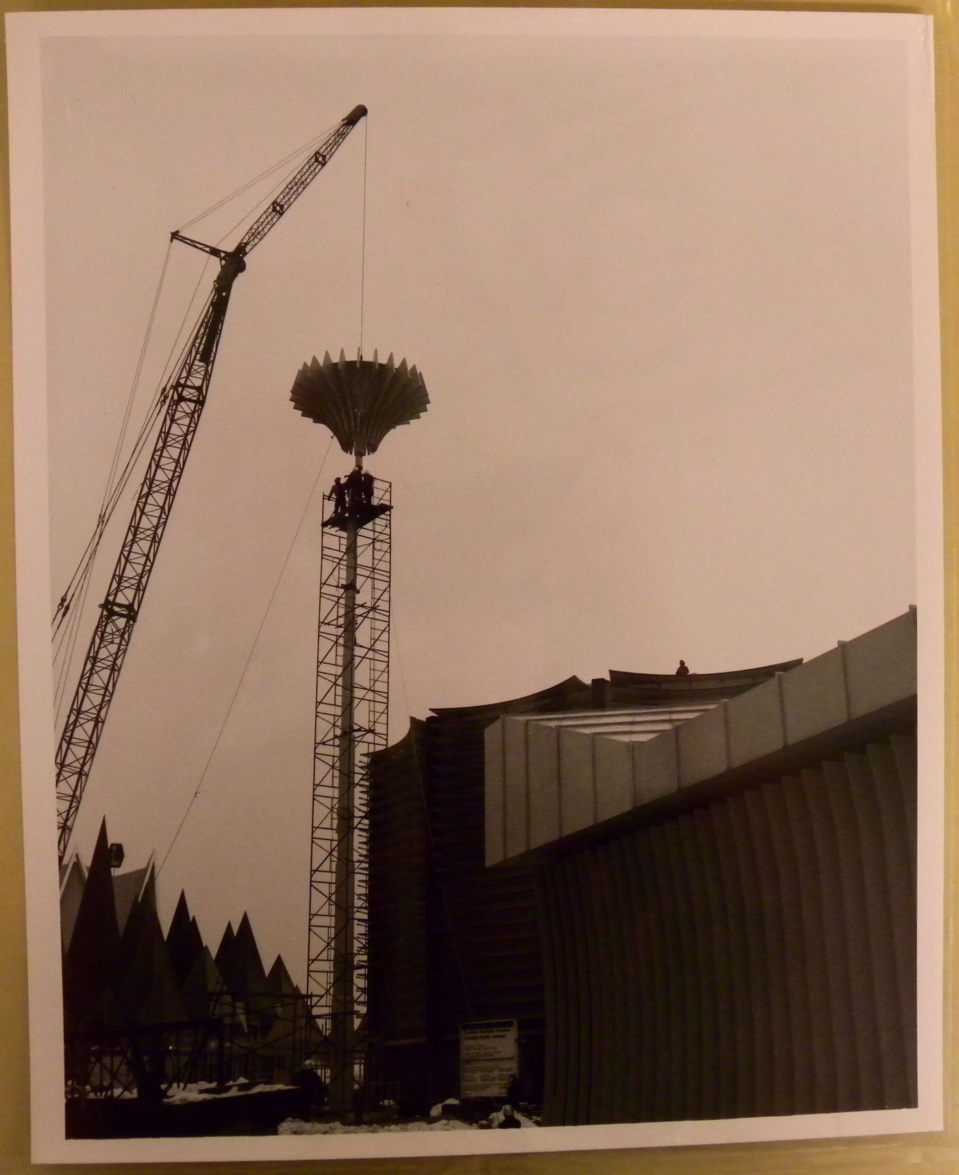 View of the elevated light feature of the Canadian Pacific-Cominco Pavilion at its construction stage, Expo 67, Montréal, Québec