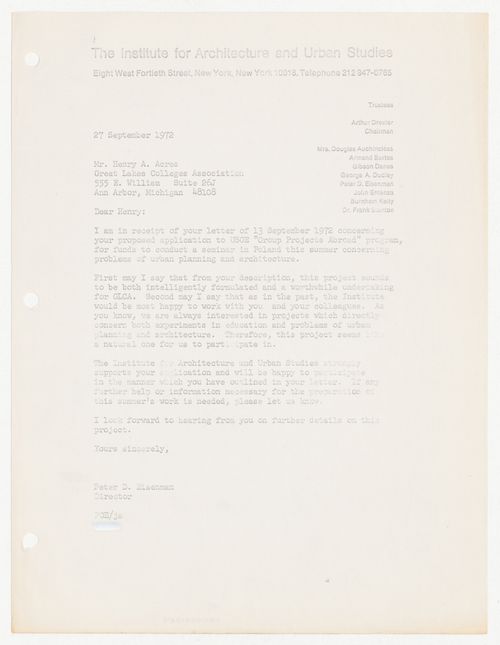 Letter from Peter D. Eisenman to Henry A. Acres about IAUS support for a proposed seminar in Poland