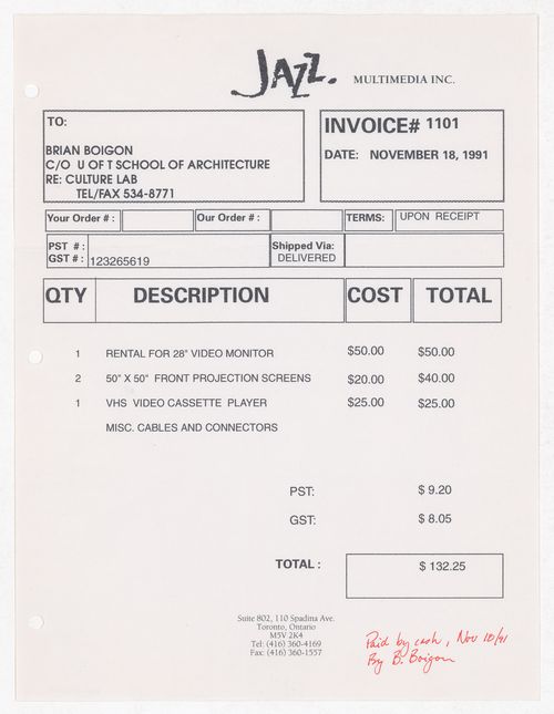 Invoice for equipment rental for Culture Lab
