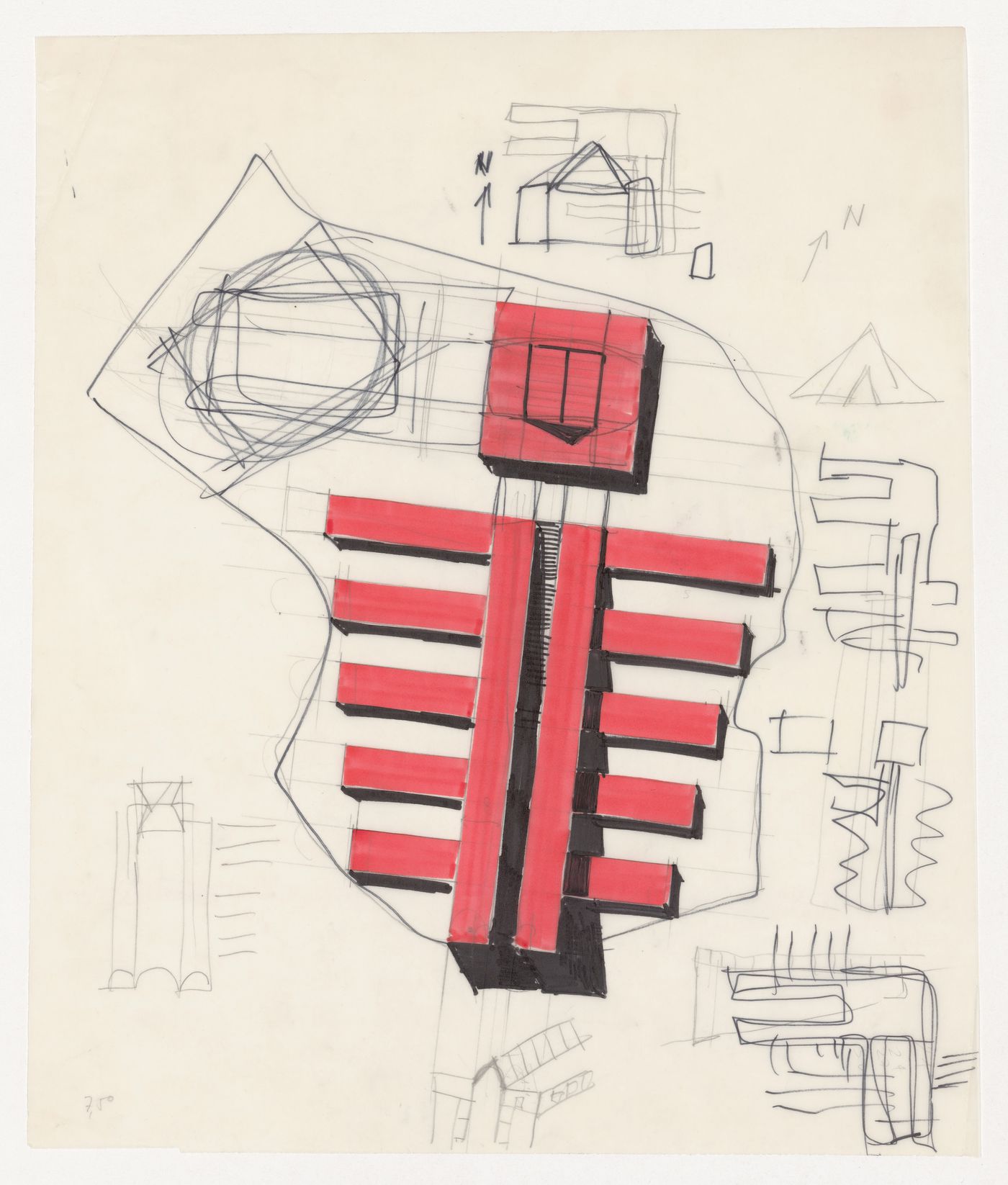 Sketch site plan with other sketches for Casa dello studente, Trieste, Italy